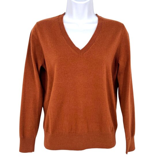 Galeries Lafayette Merino V-Neck Pullover Sweater Brown Rust Womens Size XS - Picture 1 of 8
